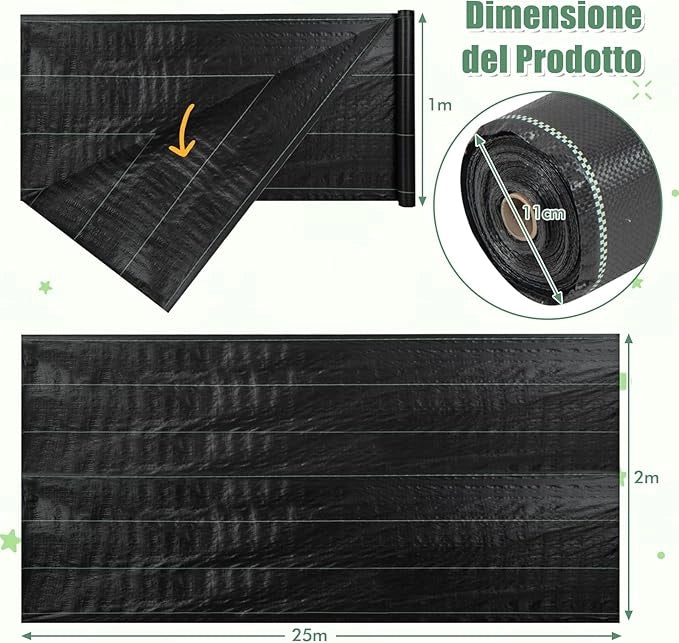 Telo Pacciamatura 50 x 1m/25 x 2m, Tessuto per Barriera Antierbacce in PP con Linea Guida Chiara e Diritta, Telo Antierbacce per Orto, Giardino, Paesaggistica e Vialetto (25 x 2 m - 100 g/m²)