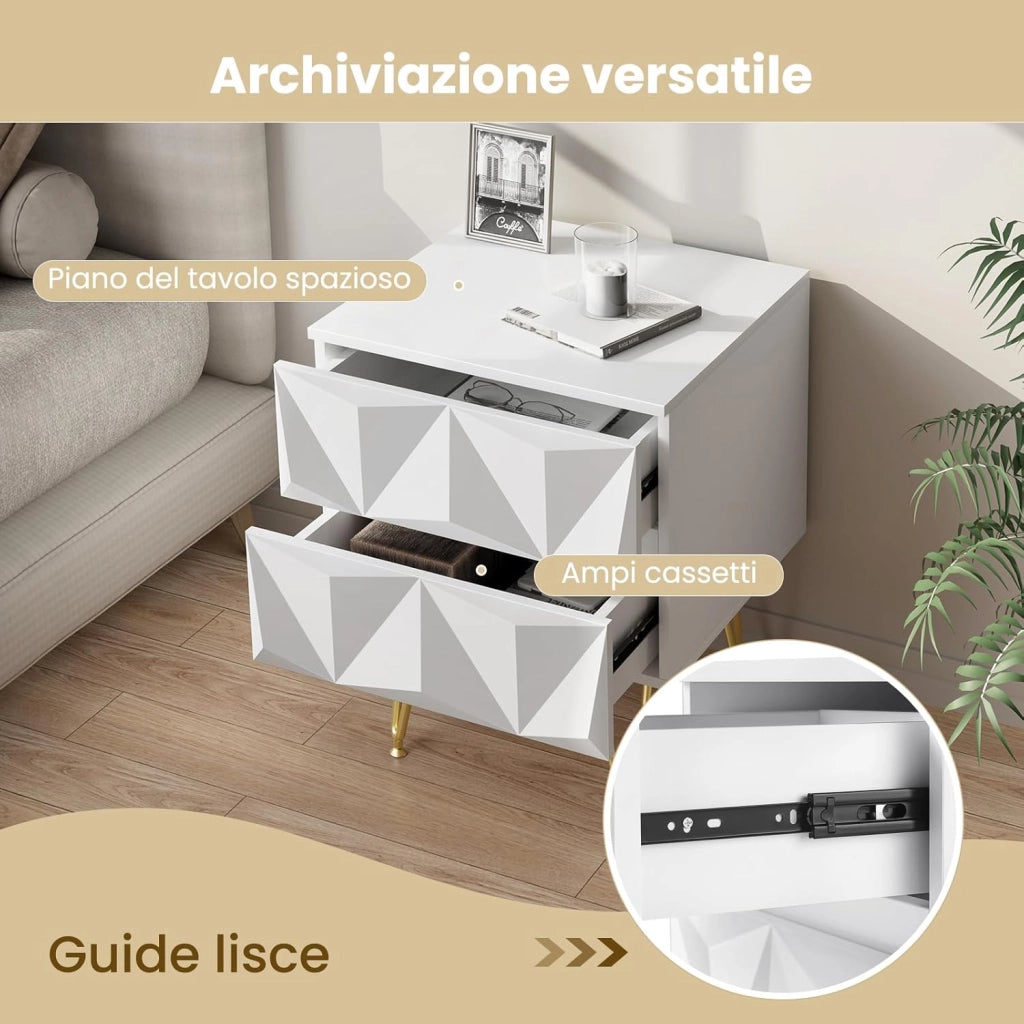 Comodino per Camera da Letto, Comodino Bianco con 2 Cassetti e Gambe Dorate, 40x40x53cm, Tavolino da Salotto, Divano, Cameretta, Frontale in Rilievo, in Legno e Metallo, 0001CTG