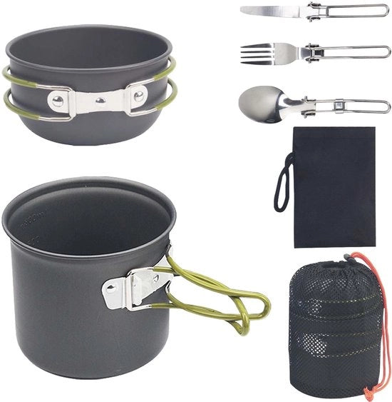 Set di cucina da campeggio 7 pezzi - Set di pentole portatile - Forchette e coltelli pieghevoli - In acciaio inossidabile - Spazio risparmiato - Sicuro per l'alimentazione - Set di servizio da campeggio