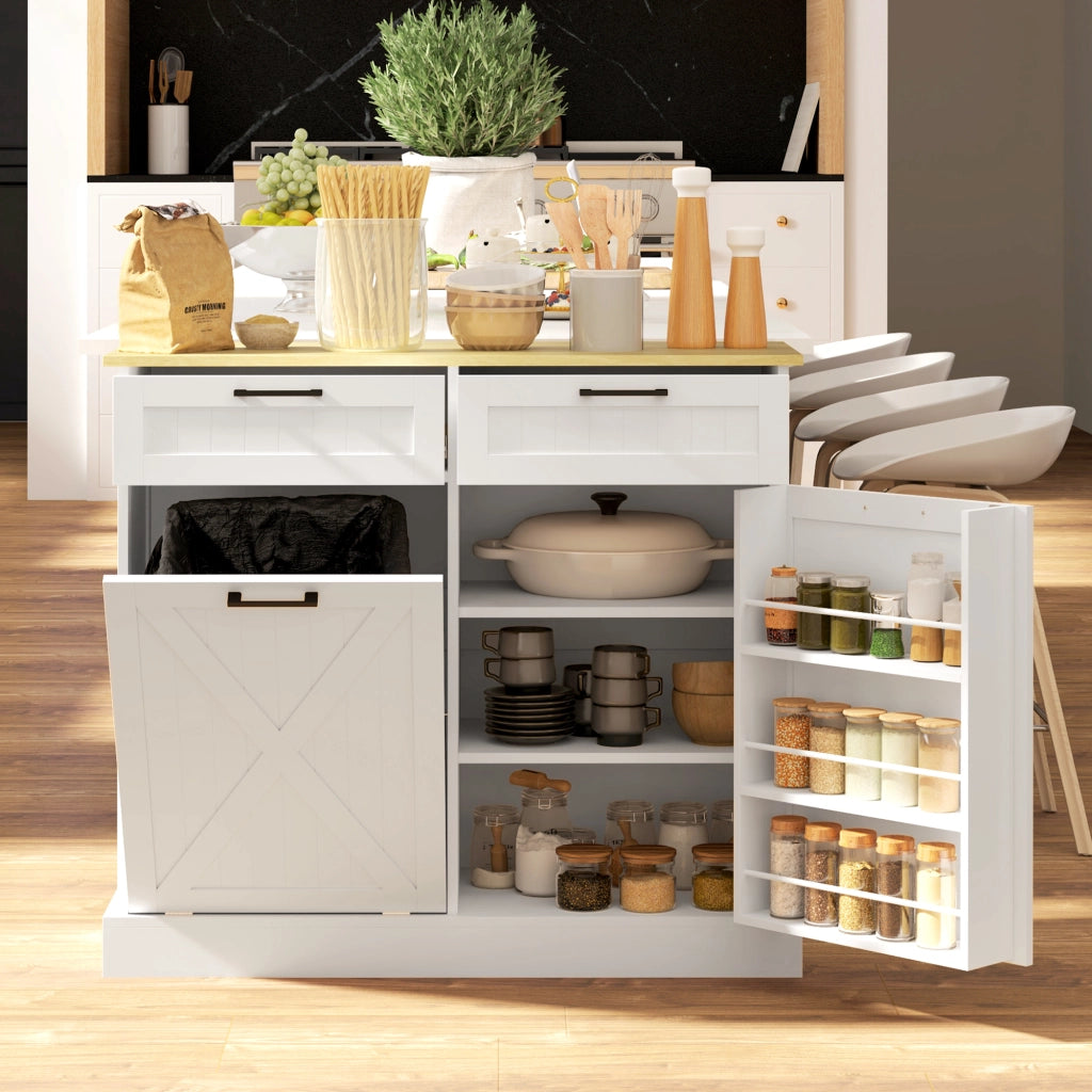 Mobile da cucina con cestino 38L, 2 cassetti, ripiano spezie e piano lavoro ¨C zephmum ¨C bianco