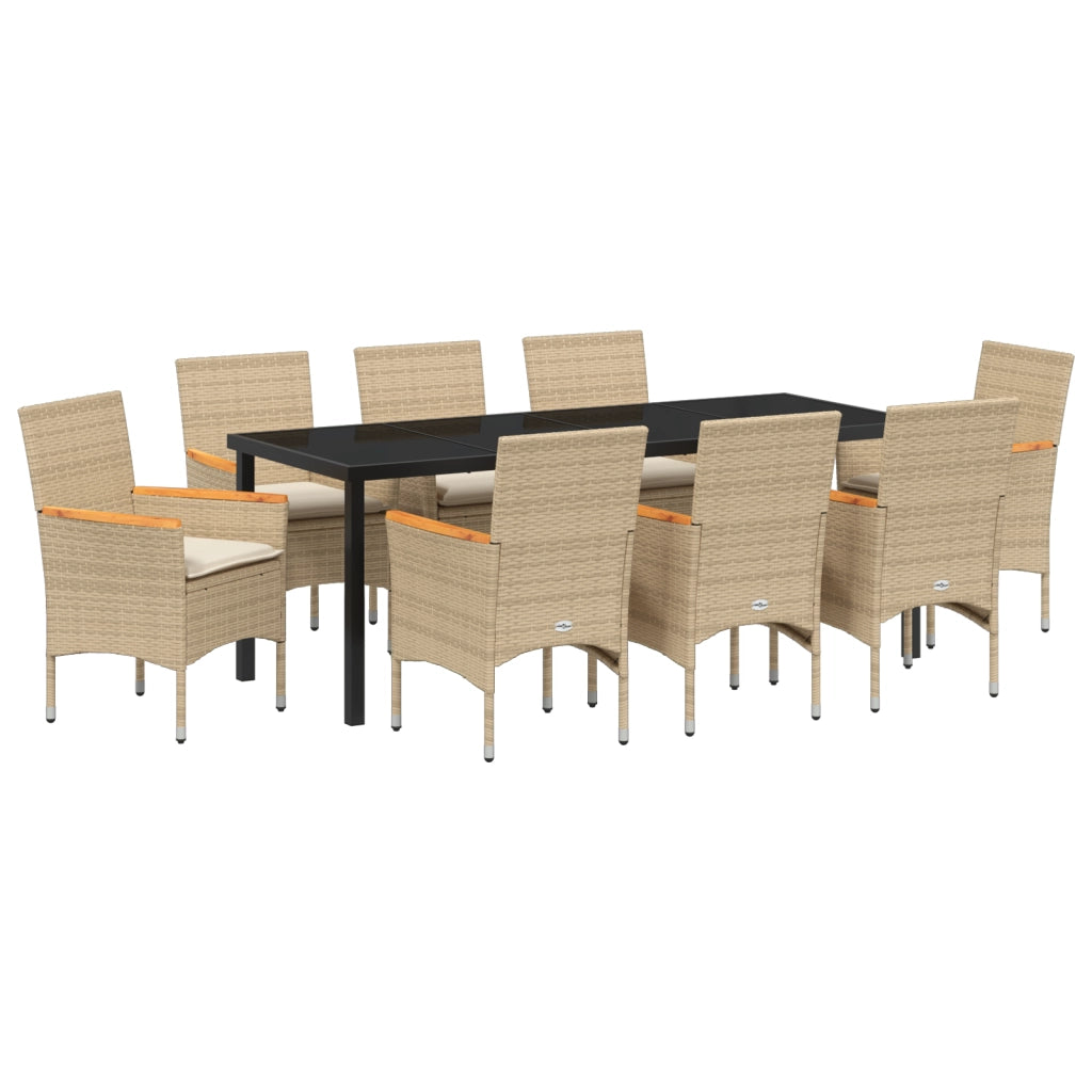Set da Pranzo da Giardino 9 Pezzi con Cuscini Polyrattan Beige