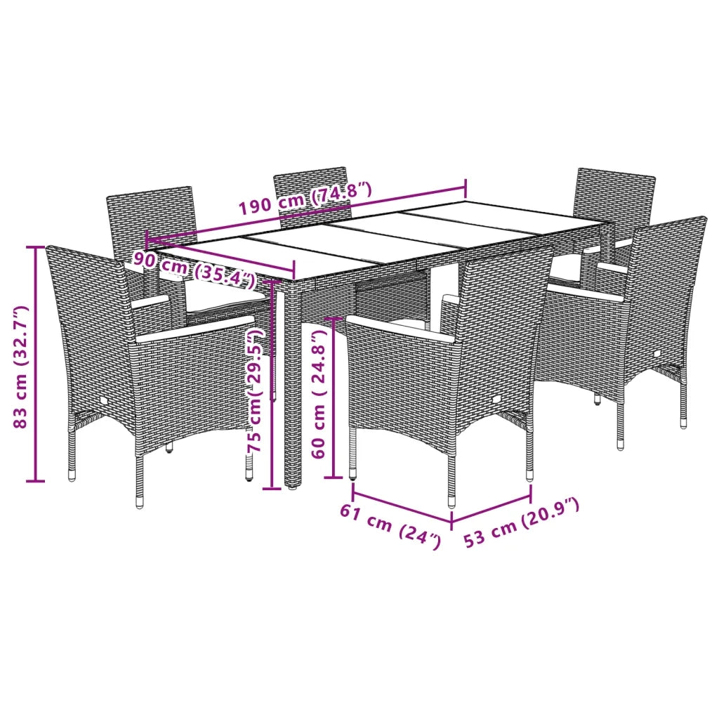 Set Pranzo da Giardino 7 pz Nero con Cuscini Polyrattan Acacia 3278631
