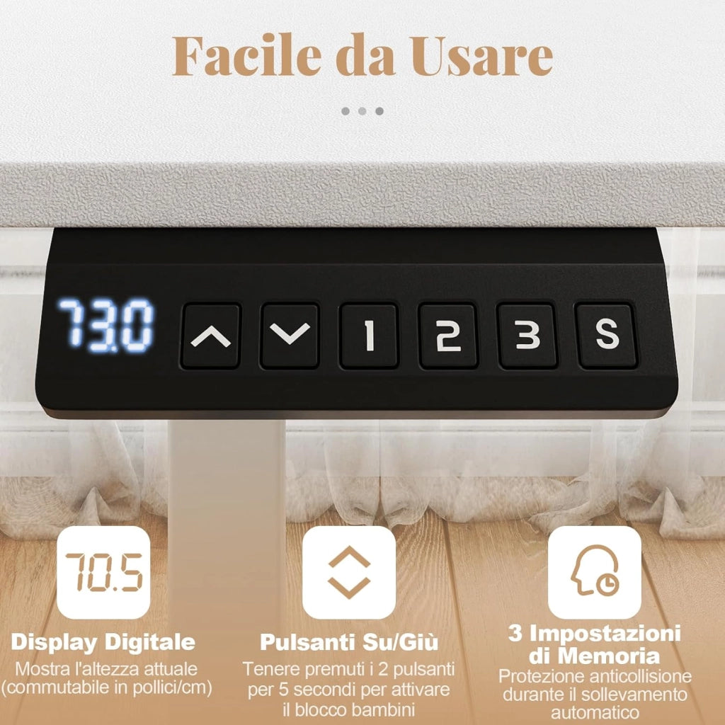 Scrivania Elettrica Ergonomica 120 x 60 cm, 3 Memorie di Altezza, Protezione Anti-Collisione e Gancio per Cuffie, Scrivania Regolabile in Altezza per Ufficio e Casa (Bianco)