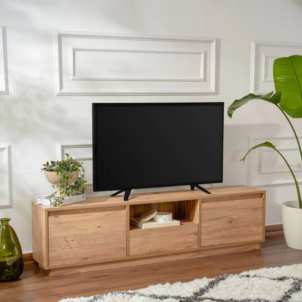 Mobile porta TV Morrigan, Credenza da soggiorno, Armadio basso per TV, Base parete attrezzata, 160x30 h42 cm, Pino