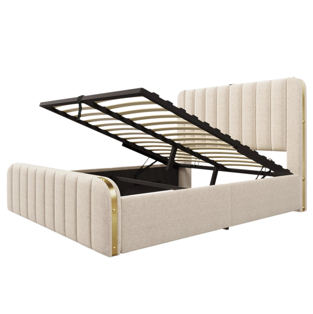 Letto matrimoniale imbottito 160x200 cm in lino beige con contenitore; USB e Type-C