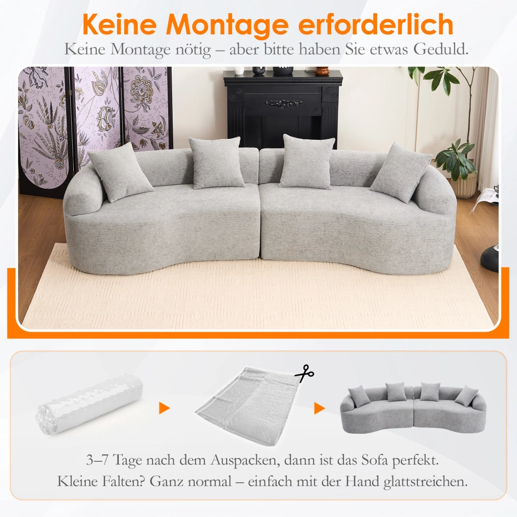 Divano angolare modulare 4 posti in ciniglia con design curvo e seduta ampia, per salotto, grigio 275 × 115 × 63 cm