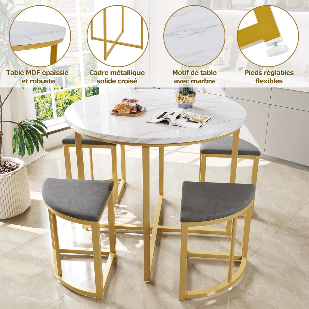 Tavolo da pranzo rotondo per 4 persone con 4 sedie, in MDF e metallo dorato, bianco e grigio, 80 × 80 × 75 cm