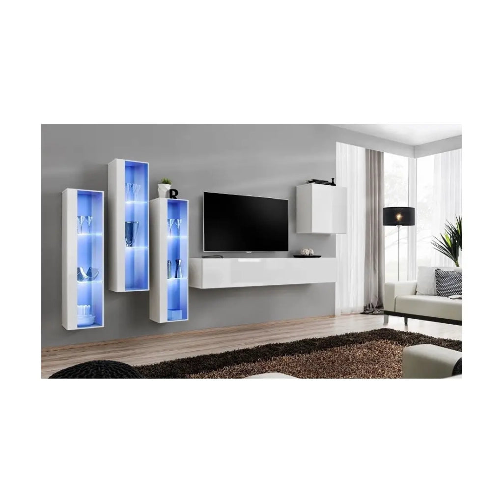 Set di mobili da parete per salotto SWITCH XIII design, colore bianco lucido.