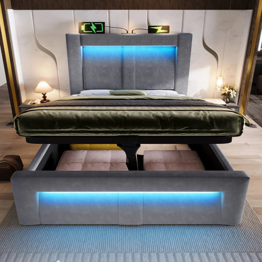 Letto singolo 90x200 cm con contenitore, LED e USB, grigio