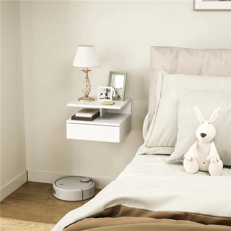 COMODINO SOSPESO PER CAMERA DA LETTO CON CASSETTO E MENSOLA IN LEGNO 35X32X22.5 CM BIANCO