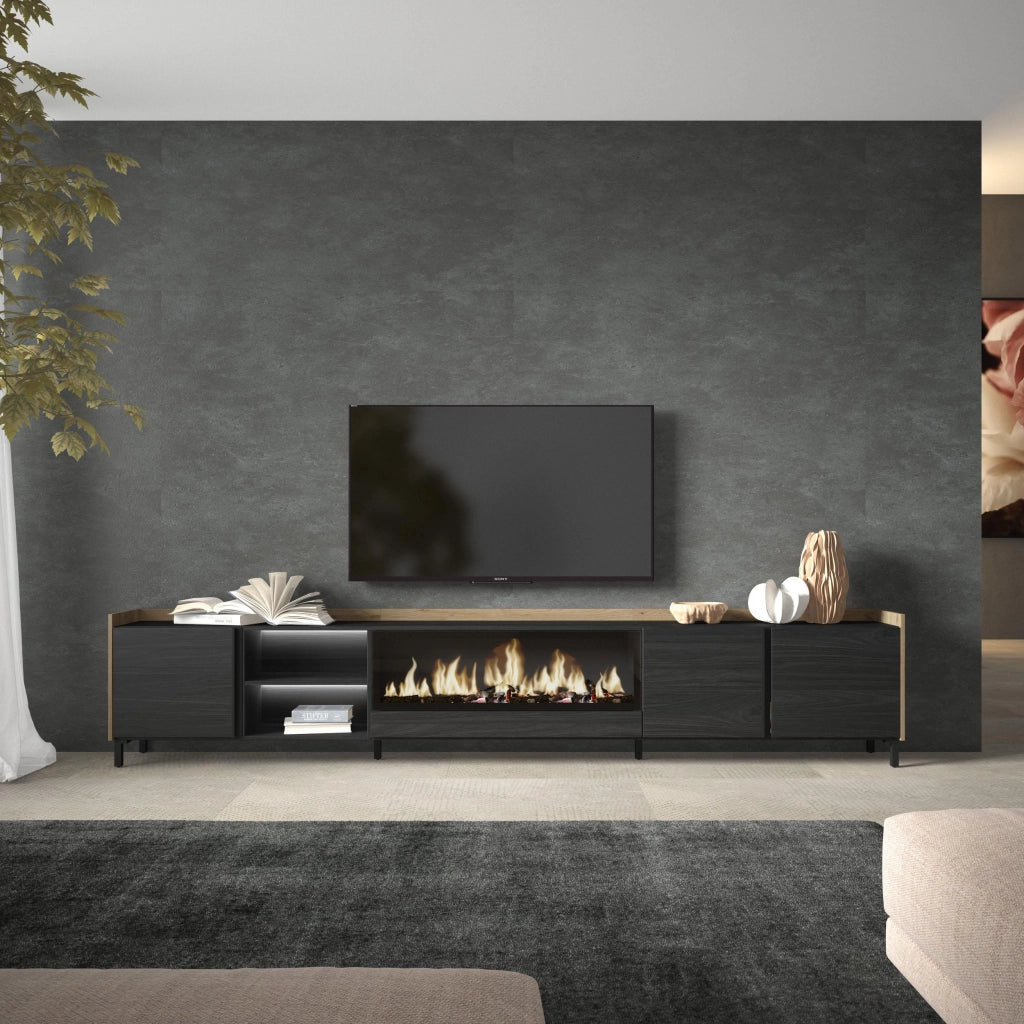Mobile TV Soggiorno, 315x61x35 cm, Per TV fino a 80", Camino elettrico XXL, Design industriale, LED, Nero e rovere