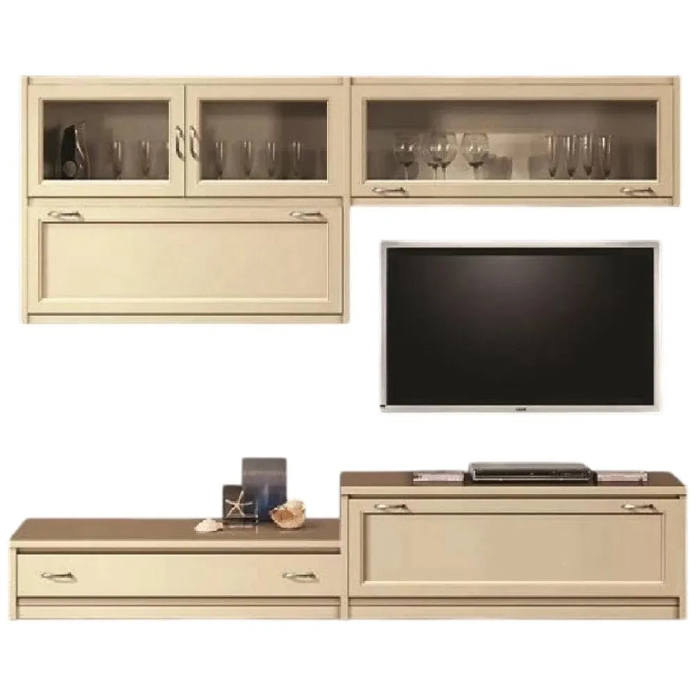Parete attrezzata in legno shabby chic avorio 209x36/60x200 - Mobili 2G