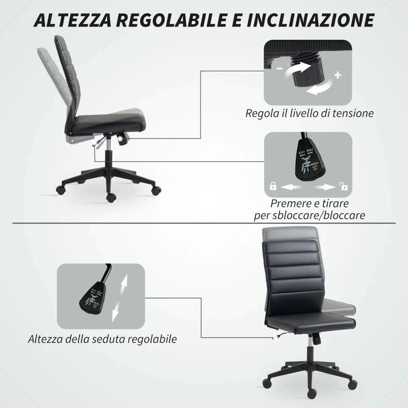 SEDIA DA UFFICIO ERGONOMICA E REGOLABILE CON SCHIENALE RICURVO, IN PELLE PU E ACCIAIO, 58X53X97-107 CM, NERO