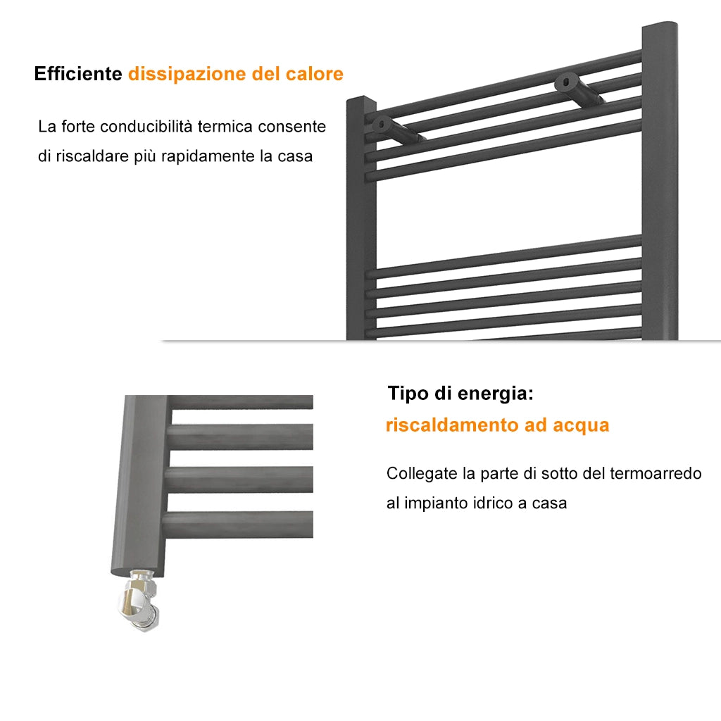 Termoarredo Bagno in Acciaio al Carbonio Calorifero Riscaldamento ad Acqua Antracite 800x600 mm