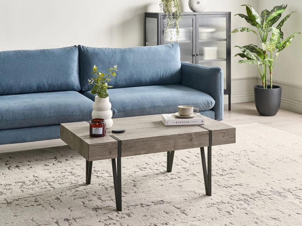 Tavolino da caffè in legno scuro con gambe in metallo 100 x 60 cm moderno