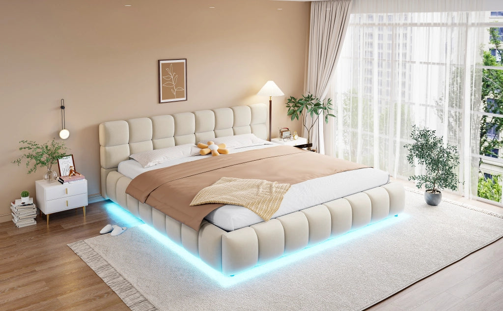 DESMIU Letto Contenitore 180 × 200 cm 2 posti con LED, apertura idraulica e senza materasso, in velluto beige