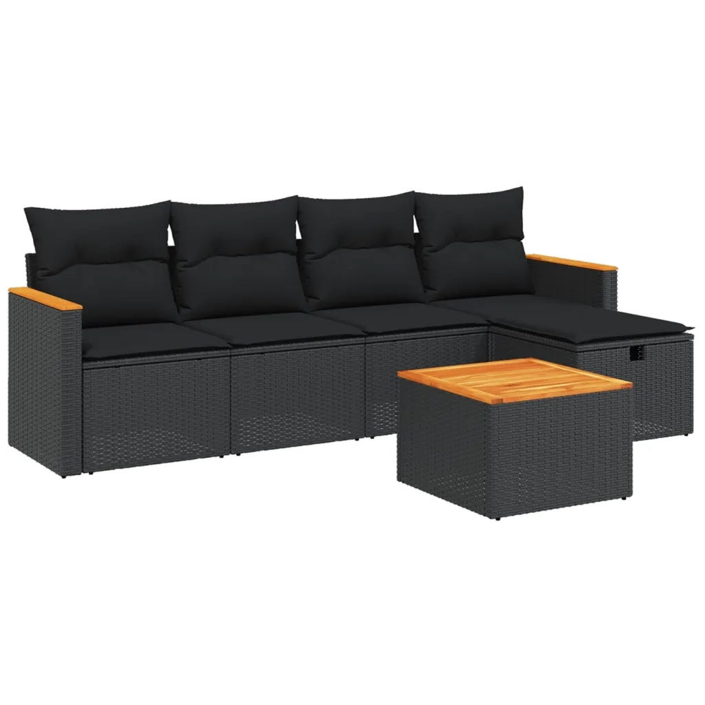 Set Divano da Giardino 6 pz con Cuscini Nero in Polyrattan