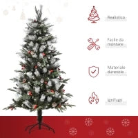 Albero di Natale Innevato 150cm con Bacche Rosse e Pigne Bianche, Base Rimovibile Pieghevole, 440 Rami, Verde