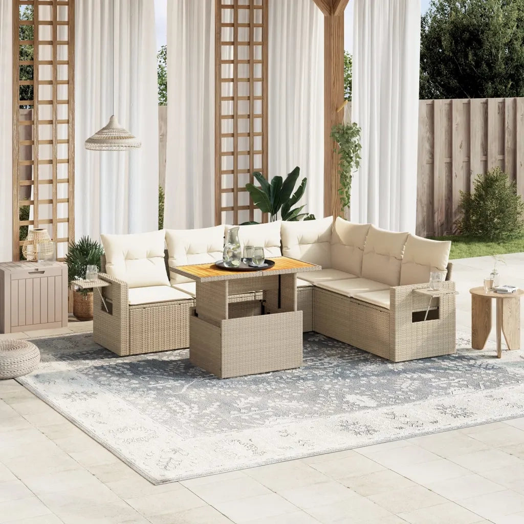 Set Divani da Giardino 7 pz con Cuscini Beige in Polyrattan