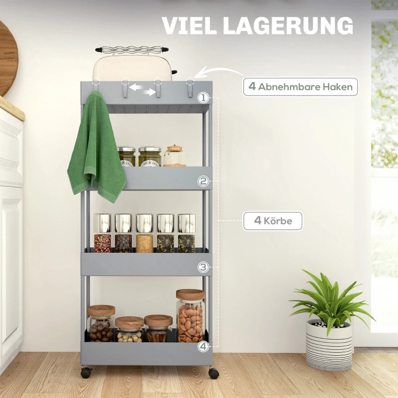 CARRELLO a 4 ripiani 40 x 19 x 90 cm Grigio con ruote e freni