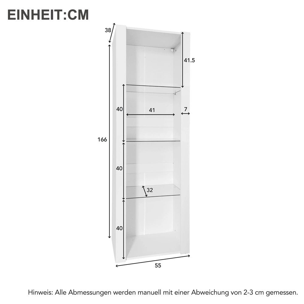 Vetrina Bianca Lucida con Illuminazione LED ¨C MINIMAL ¨C 3 Ripiani in Vetro, 55x38x166 cm