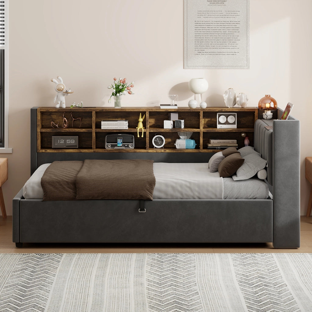 LETTO Polsterbett 90x200 cm in velluto grigio con testiera multifunzione e contenitore