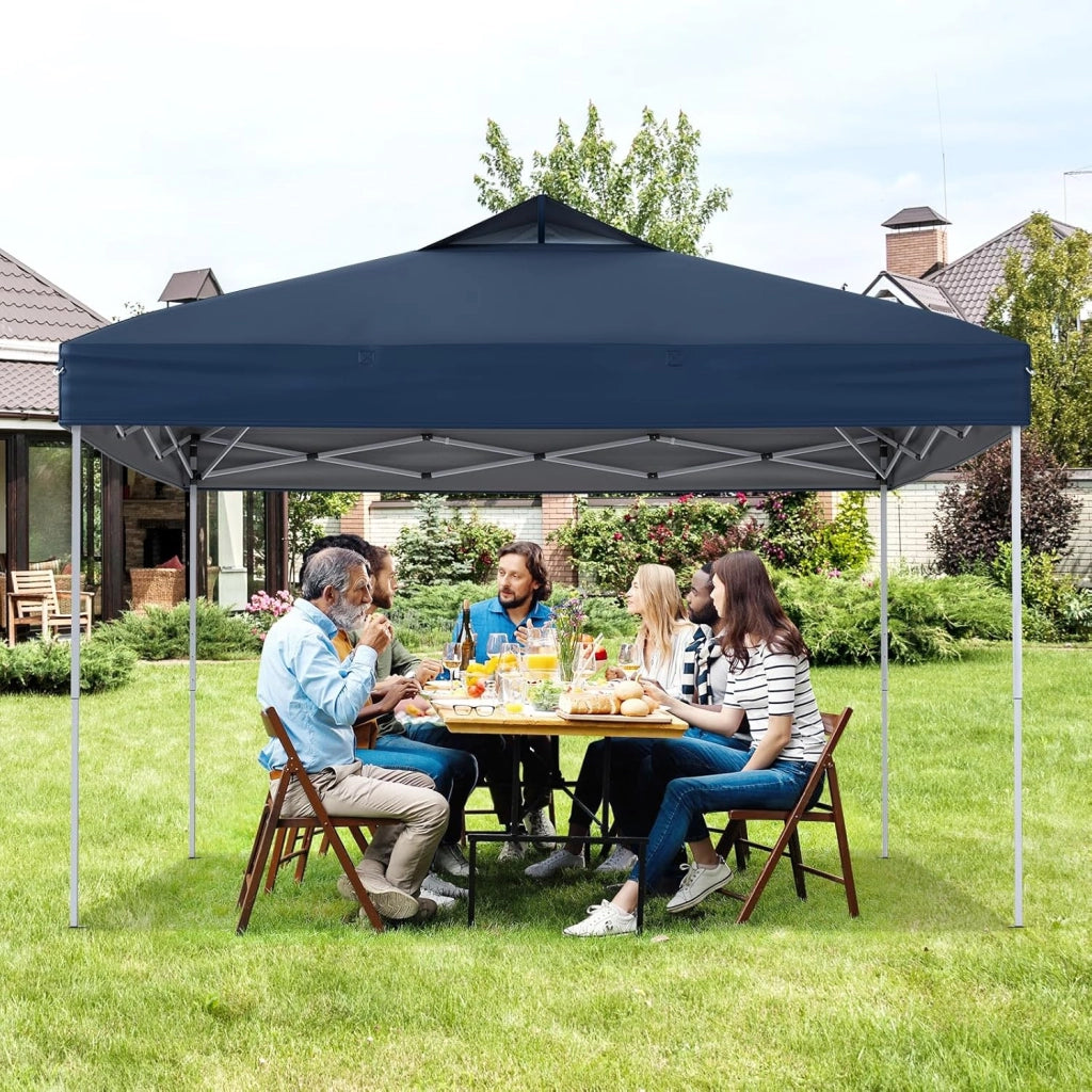 Gazebo Pop-up da 295 x 295 cm, Gazebo da Giardino Impermeabile con Blocco Centrale, Borsa da Trasporto Portatile, Corde Antivento, Picchetti, Tenda Regolabile in Altezza per Feste (Blu Scuro)