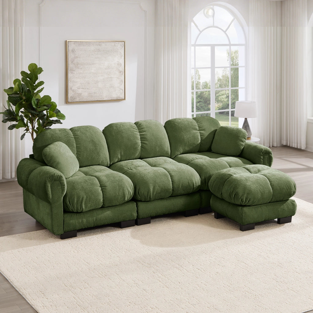 Divano angolare in ciniglia verde con pouf mobile HOMVRA