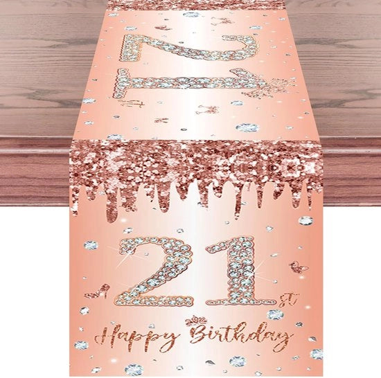 Tavolo per il 21° compleanno rosa oro, Happy 21° compleanno tovaglia per il 21° compleanno ragazza donna per il suo compleanno anniversario festa cena tovaglia da tavola tovaglia per tavola decorazione per casa, 180x35 cm lungo
