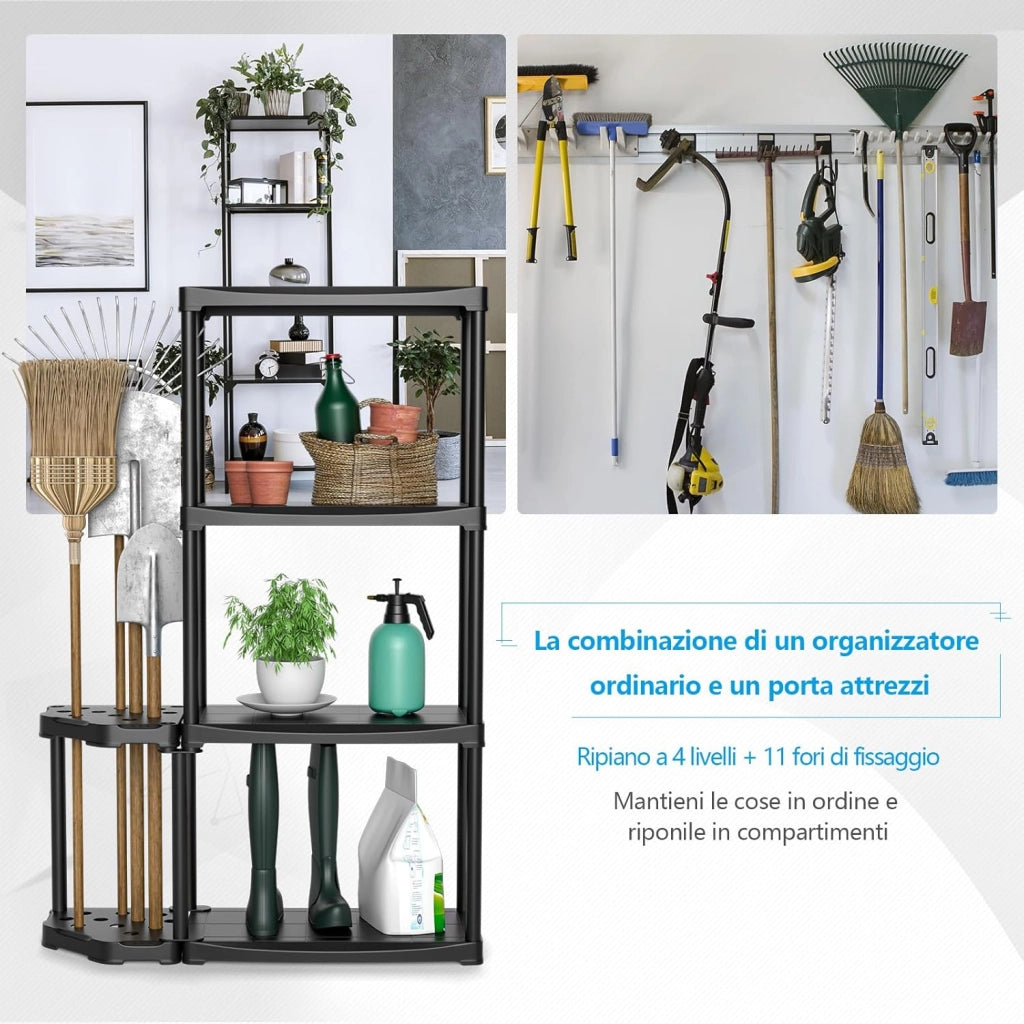 Scaffale per Garage a 4 Livelli con Portautensili, Scaffale di Stoccaggio Aperto con Supporto per Portautensili a 12 Fori per Attrezzi, per Magazzino Ripostiglio Seminterrato