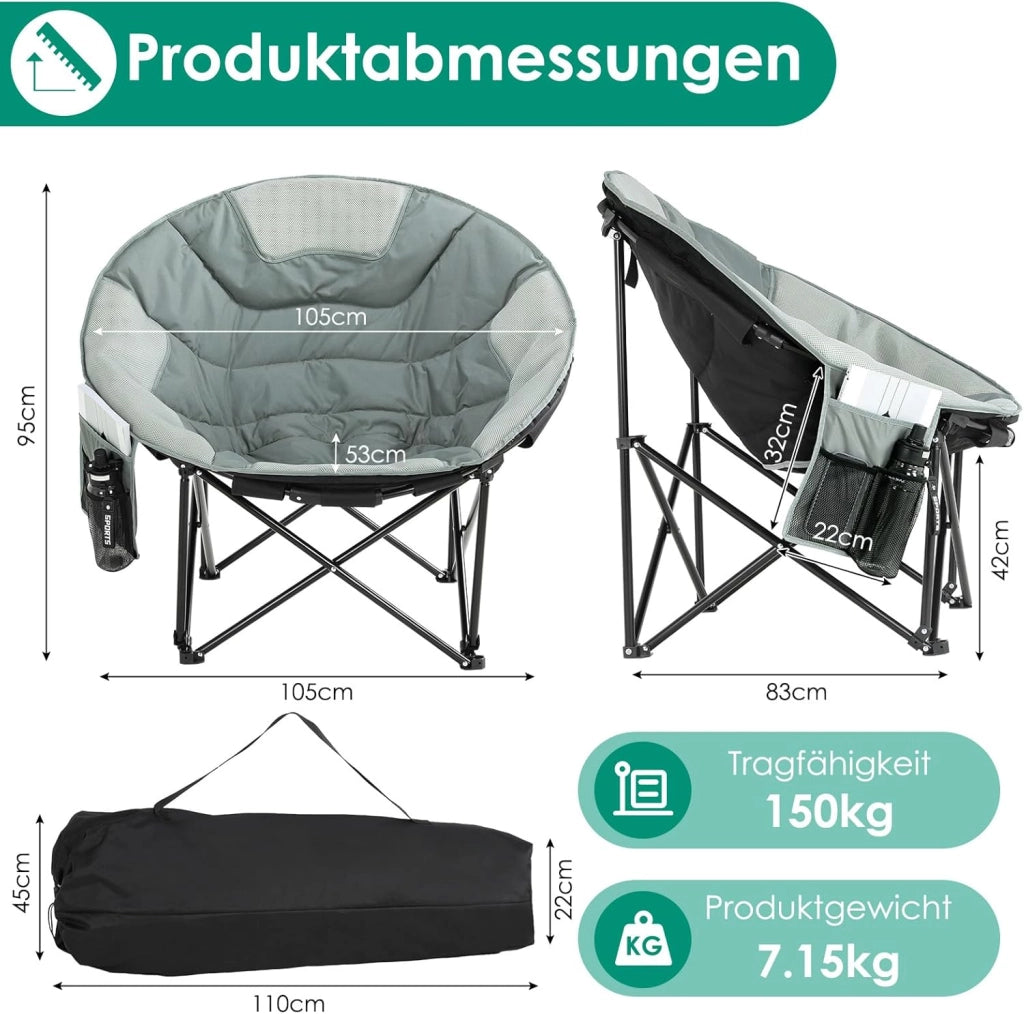 Moonchair - 2 sedie da campeggio rotonde, 150 kg, XXL, pieghevoli, con tessuto a rete traspirante, borsa per il trasporto, piedini antiscivolo, tasca laterale, sedia pieghevole per giardino