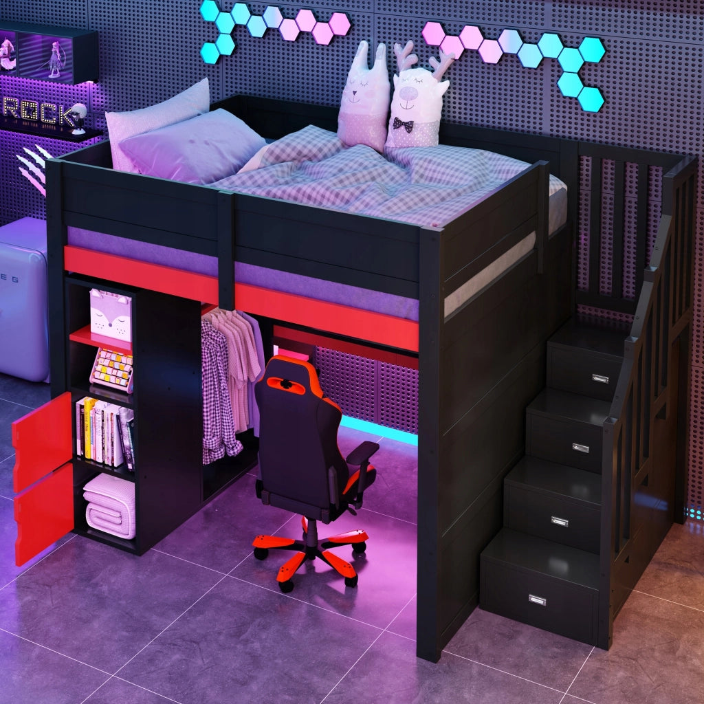 Letto a castello 140x200 - Xylo - Nero rosso scrivania LED USB
