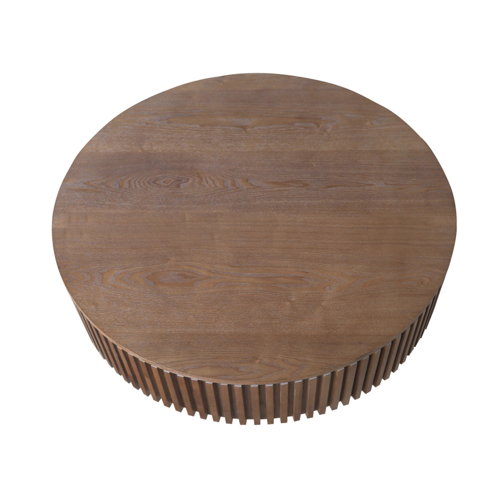 Tavolino da caffè rotondo con contenitore; design a fungo scanalato in legno e MDF; noce
