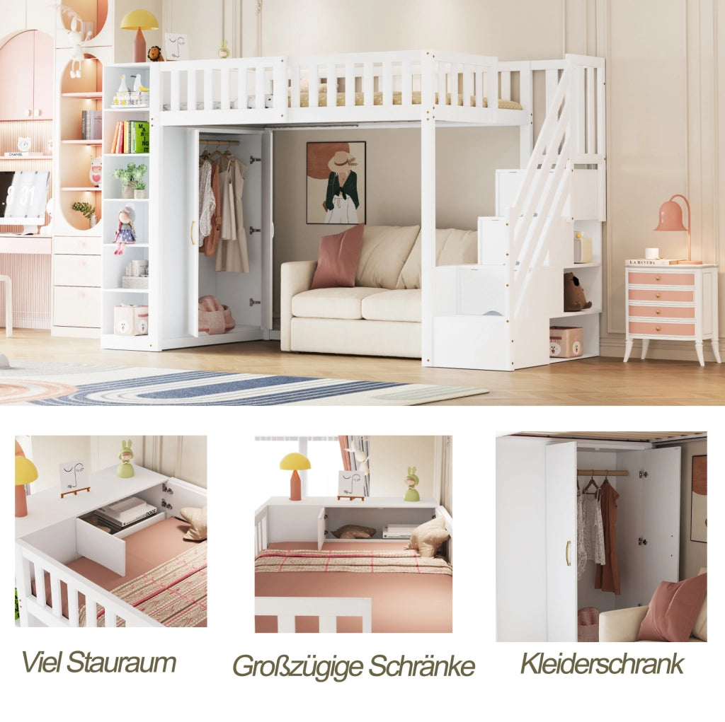 Letto a soppalco per bambini 90x200 cm con armadio; gradini contenitore e ripiani; bianco