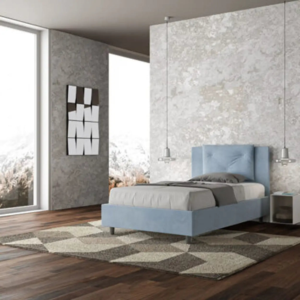 Letto una piazza e mezza senza rete imbottito 120x200 microfibra azzurro Appia