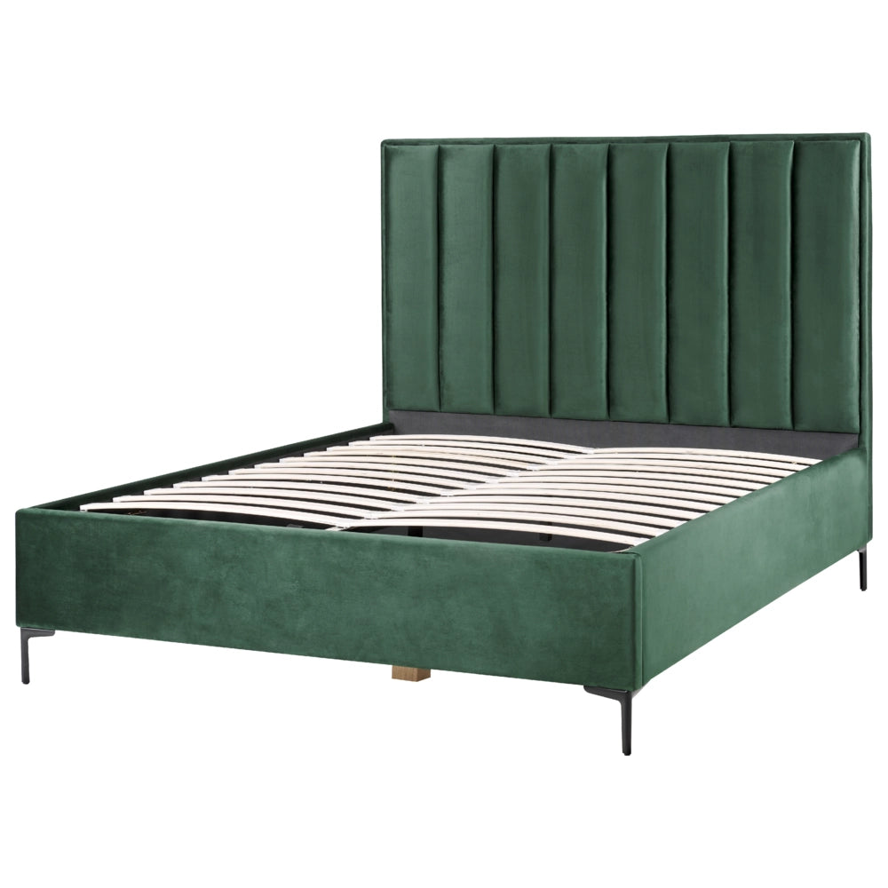 Letto in velluto verde scuro 160 x 200 cm con contenitore ottomana testiera imbottita gambe in metallo Nero