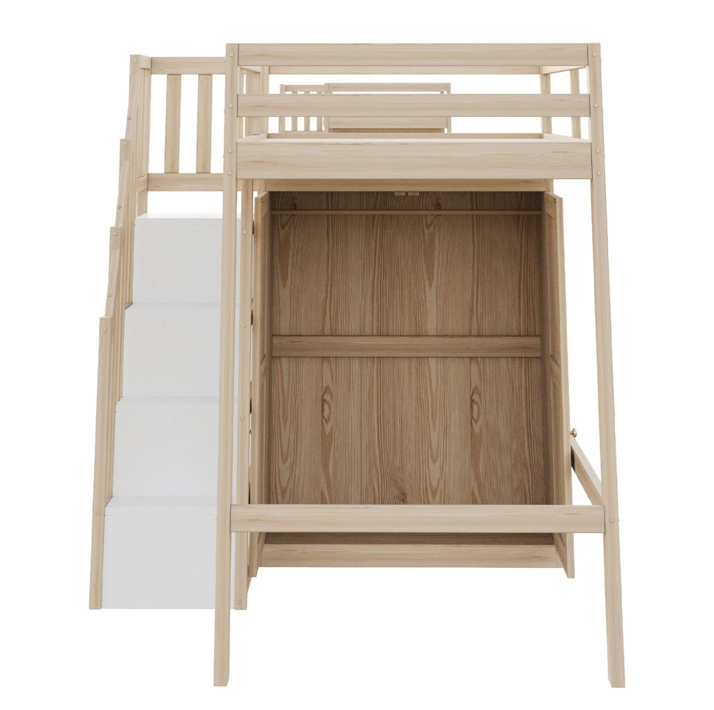 Letto a soppalco 90x200 cm in legno colore naturale con armadio e scala con spazio contenitivo