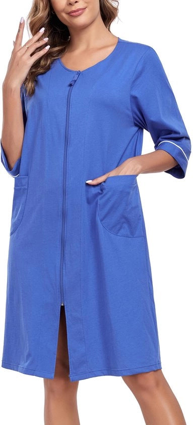 Camicia da notte per donna con zip, giacca da camera leggera, camicia da notte in cotone 100%, con maniche 3/4 e tasche (blu scuro, 2XL)