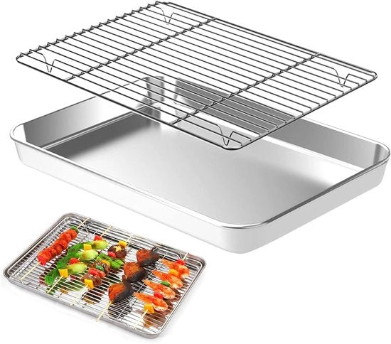 Piatta da forno rettangolare con griglia di raffreddamento per forno - Piatta da forno in acciaio inossidabile 23,5x17,5x2,5 cm con griglia di sfogo - Piatta da forno per cuocere, raffreddare e verdure.
