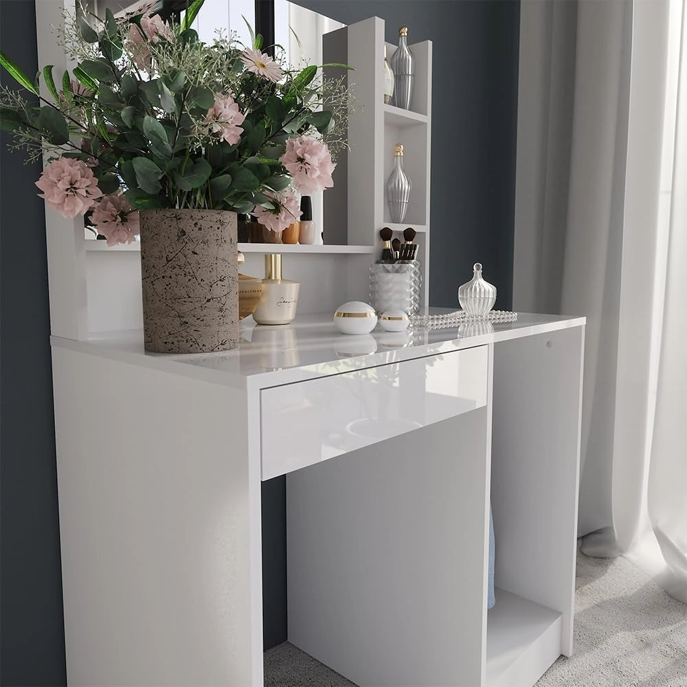 Tavolo da toeletta Sherry, Bianco/bianco lucido, 89.8 cm 3 parti, con grande specchio per la routine cosmetica quotidiana