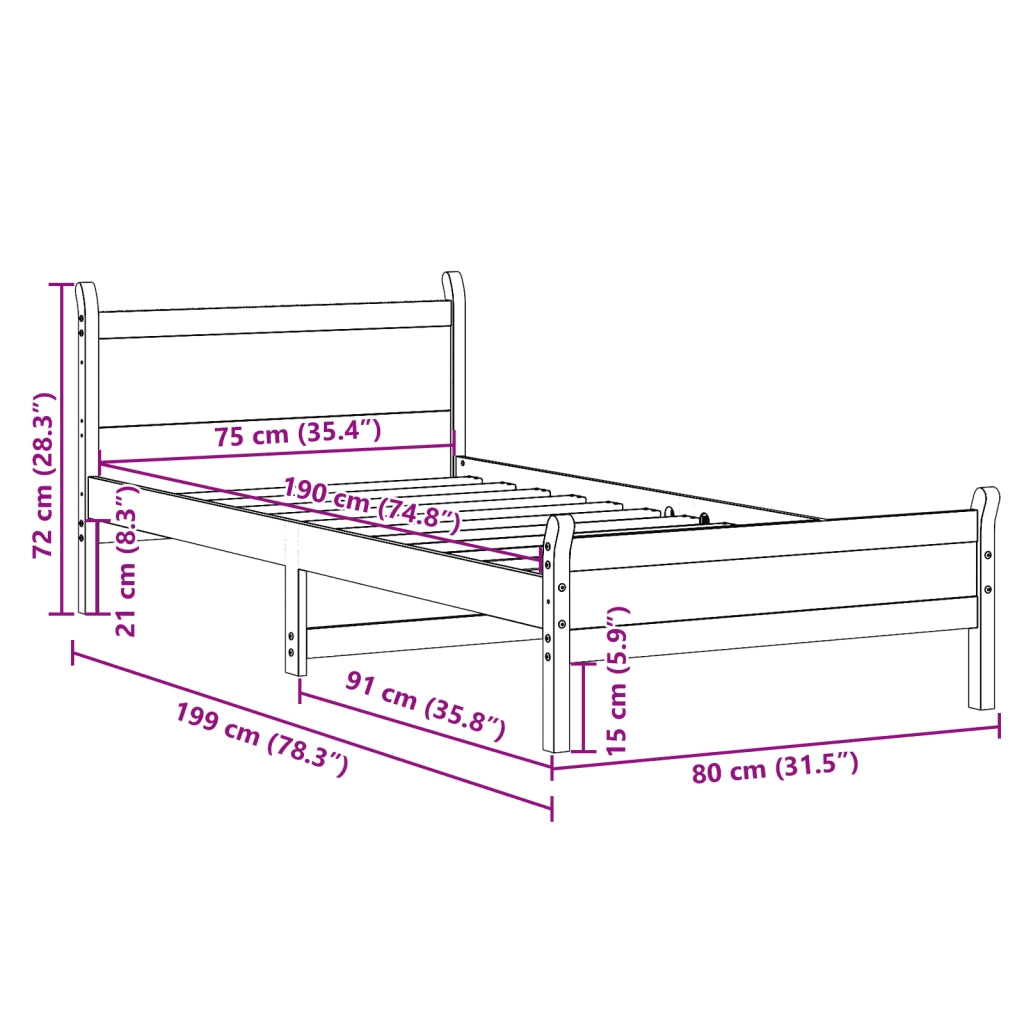 Letto senza Materasso 75x190 cm in Legno Massello Pino 855615