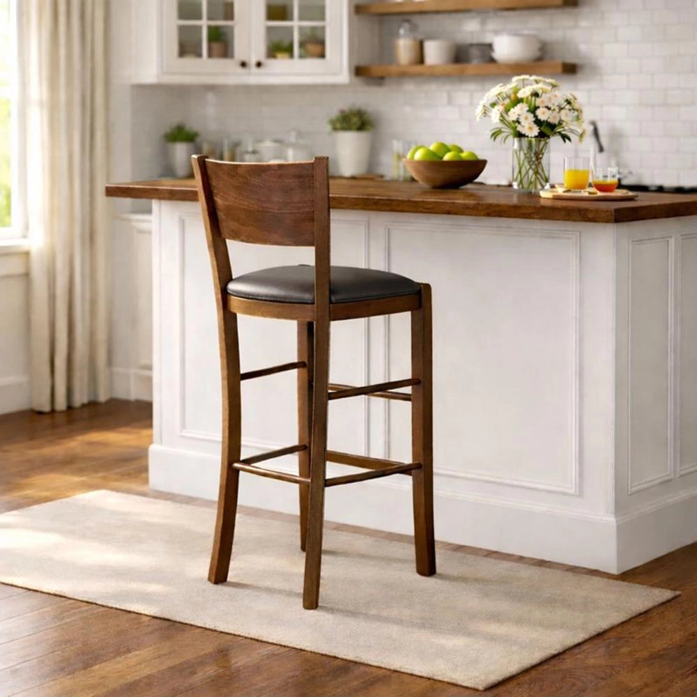 Sgabello alto da bar lucy in legno noce scuro h 73 con seduta ecopelle grigio antracite