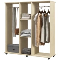 Armadio Aperto con 6 Ruote, 120L x 40P x 128A cm, in Legno, Color Naturale