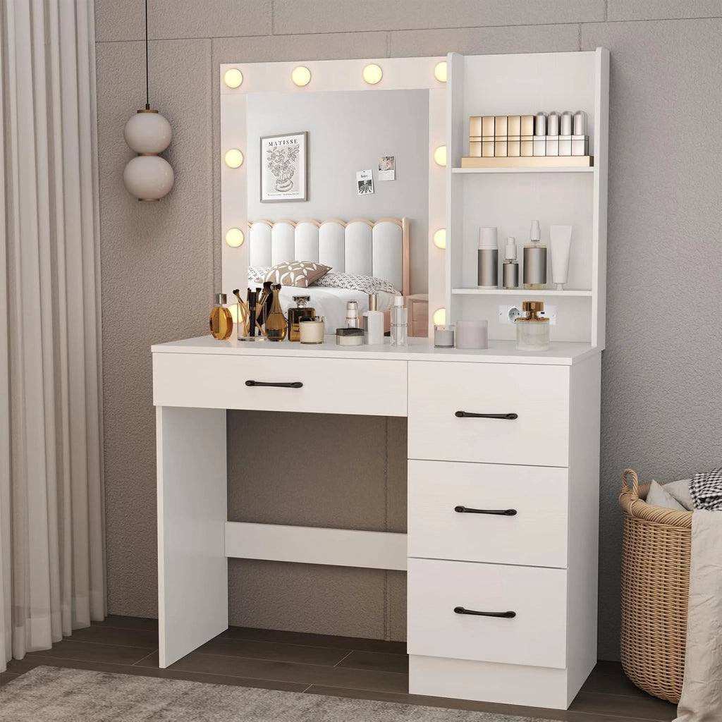 Toeletta da Trucco con Specchio, Tavolo da Trucco con Stazione di Ricarica, Luci LED a 3 Colori, Tavolo da Trucco con 4 Cassetti, 2 Ripiani, per Camera da Letto, Soggiorno