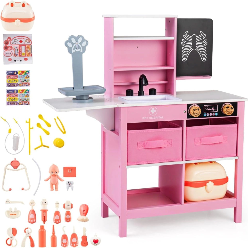Kit Medico Giocattolo in Legno, Centro Veterinario Pieghevole con Bilancia Animali e 22 Accessori, Gioco Educativo Simulazione Dottore, Regalo per Bambini 3-6 Anni (Rosa)
