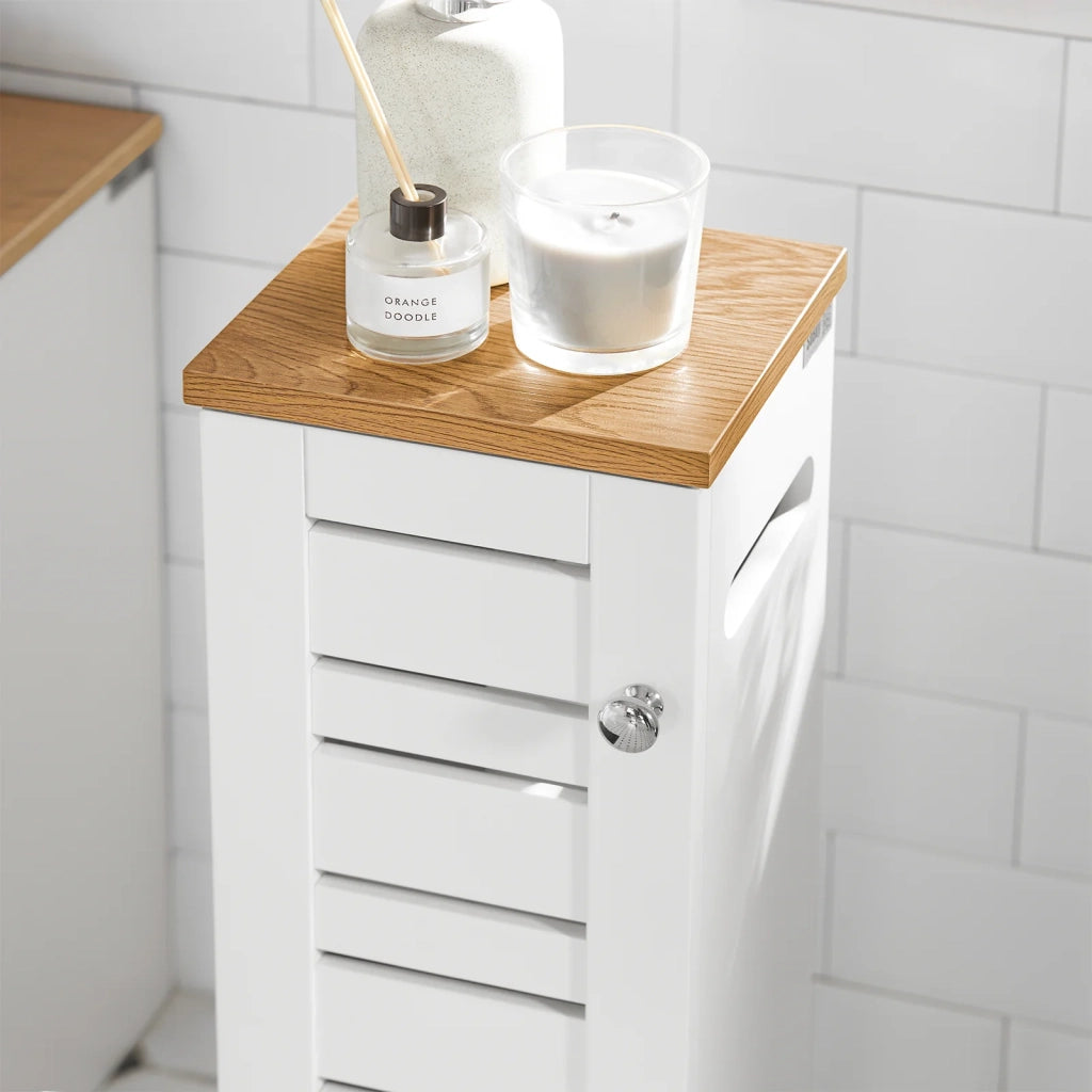 Porta Carta Igienica Colonnina Da Bagno Mobiletto Mobile Bagno Bianco-Naturale 20x18x75cm BZR85-W