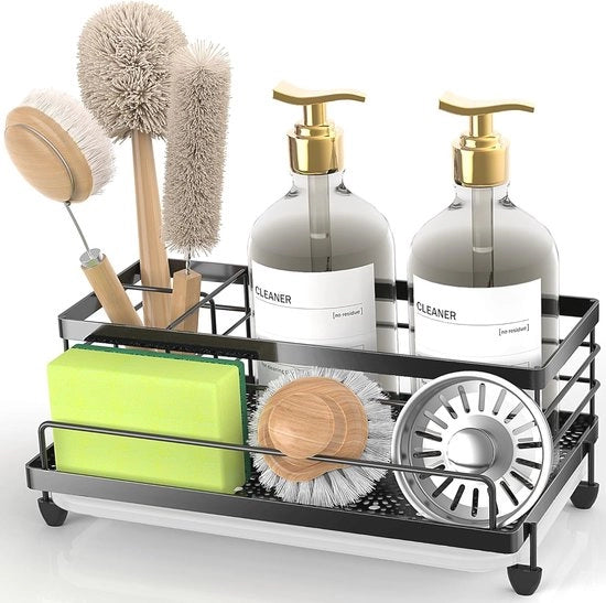 Organizzatore per Caddy e Sponshouder per Lavandino - Acciaio Inox e Antiscivolo - Accessori Cucina - Materiale in Tela Nera
