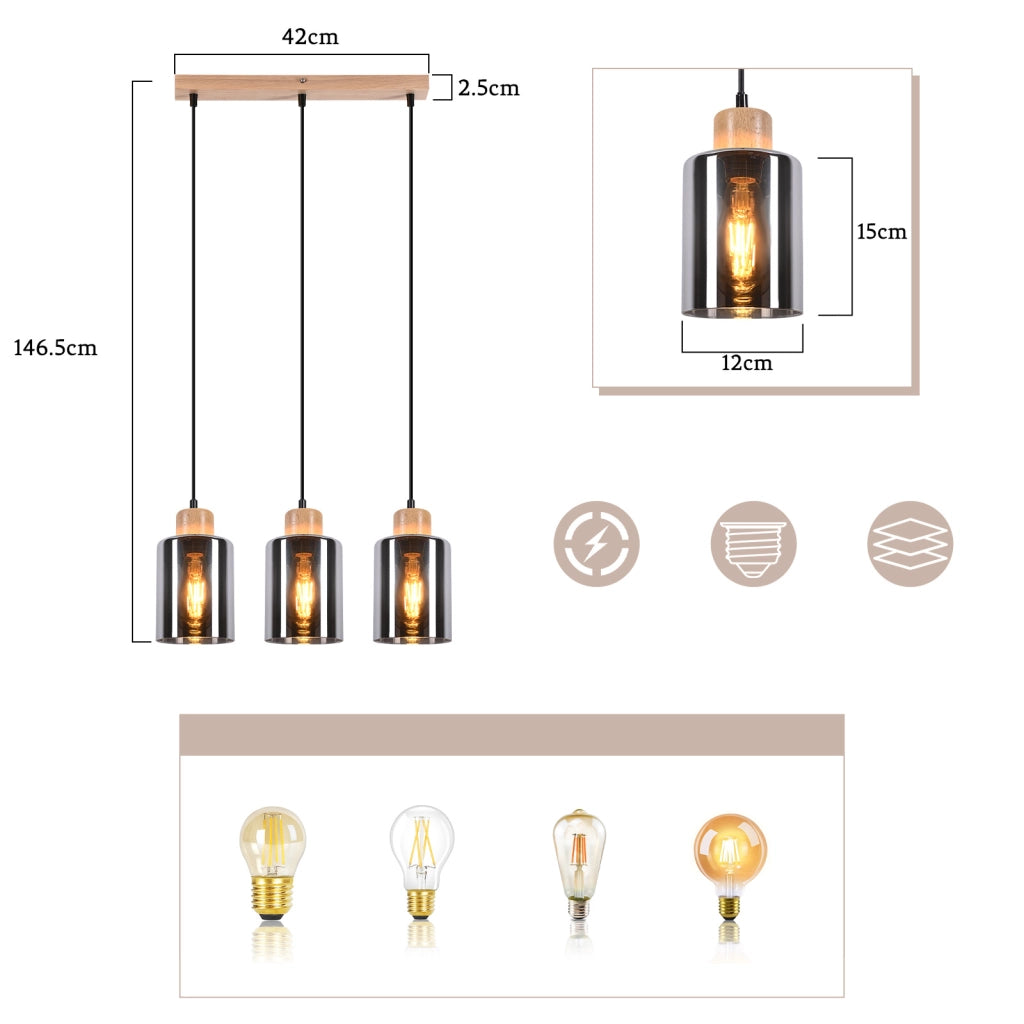 Lampada a sospensione ZMH vintage in legno per tavolo da pranzo 3 luci E27 lampada da sala da pranzo industriale
