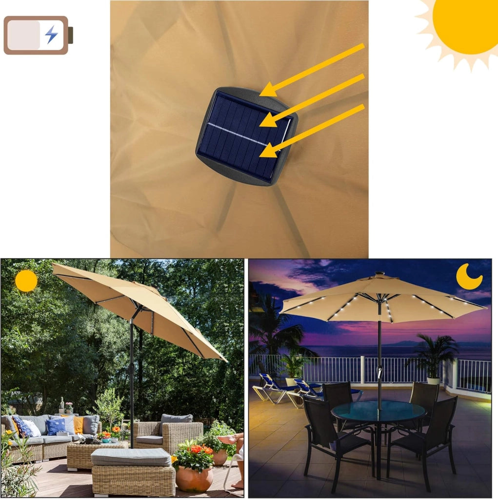 SONGMICS Ombrellone da Giardino 300 cm con 32 Luci a LED a Energia Solare, UPF 50+, Inclinazione Bidirezionale a 30°, Esterno Terrazzo Piscina Balcone, Senza Base, Tortora GPU33BR