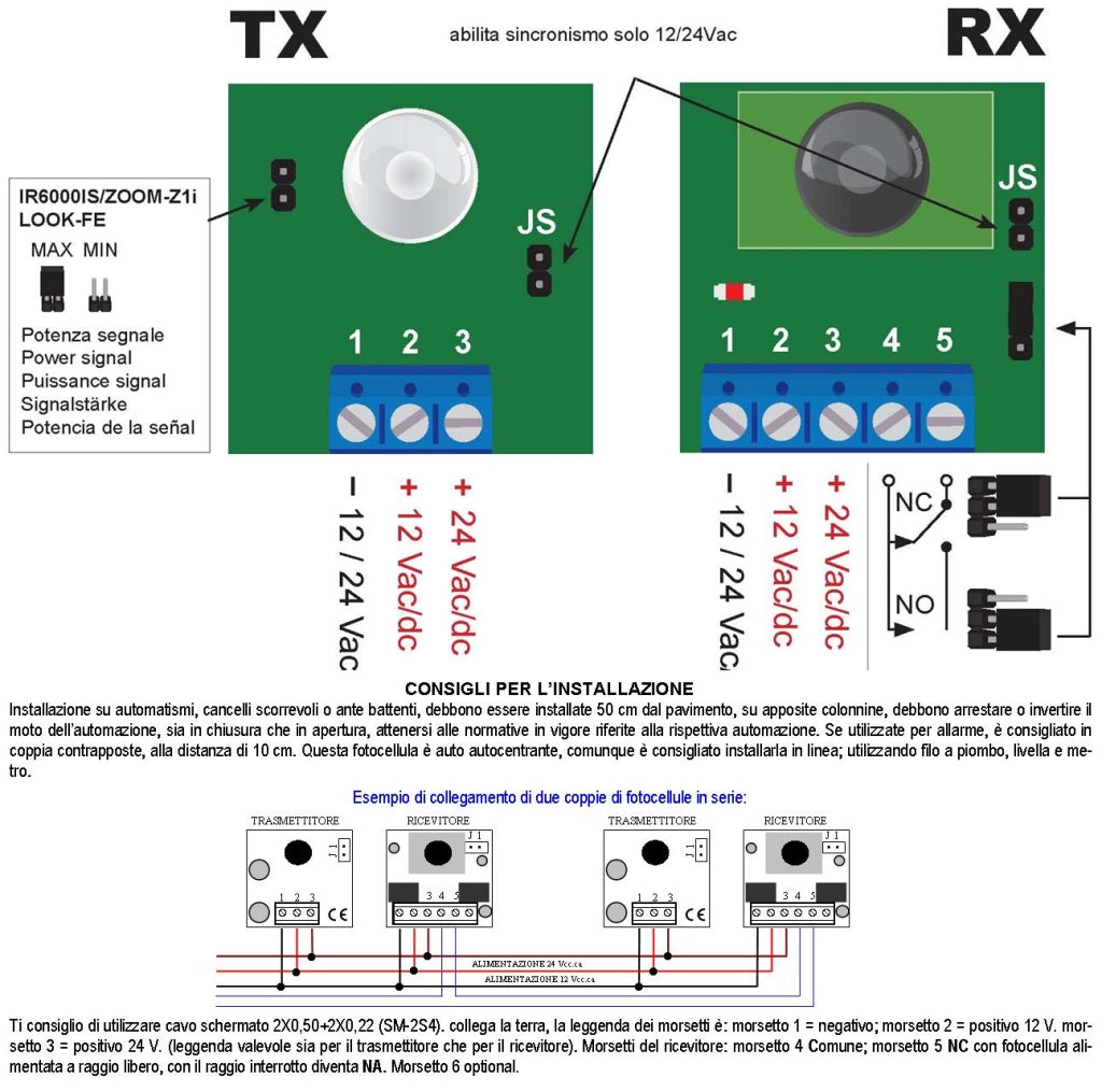 Fotocellule Universali da Incasso TX e RX Sicurezza Cancello Elettrico Automatico Portata 20 Metri IR6000IS Montaggio Incasso o Palina Alimentazione 12/24 Vac